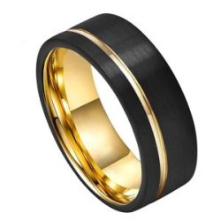 yellow gold and brushed black tungsten mens ring